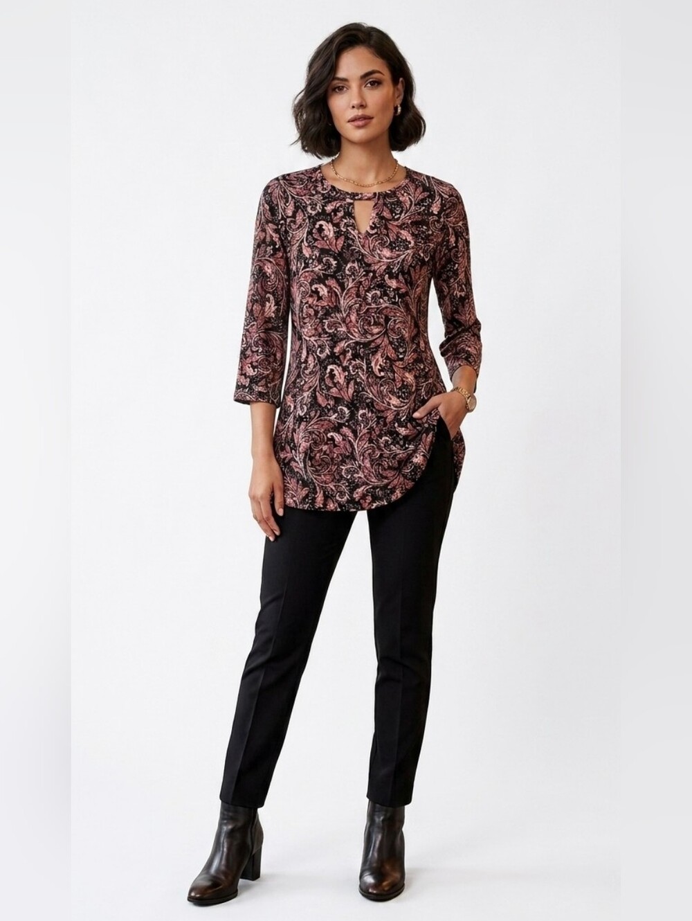 Paisley Keyhole Tunic Top - Burgundy & Black